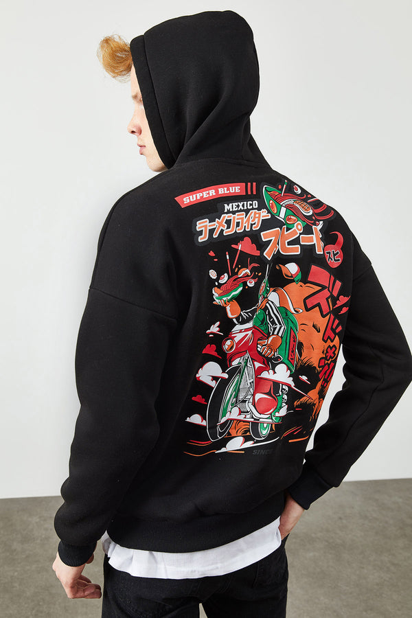 Men's Hooded Back Printed Black Sweatshirt