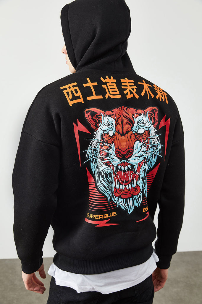 Men's Hooded Back Printed Black Sweatshirt