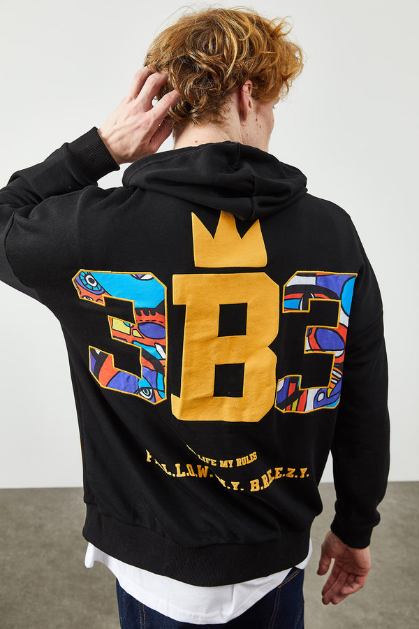 Men's Hooded Back Printed Black Sweatshirt