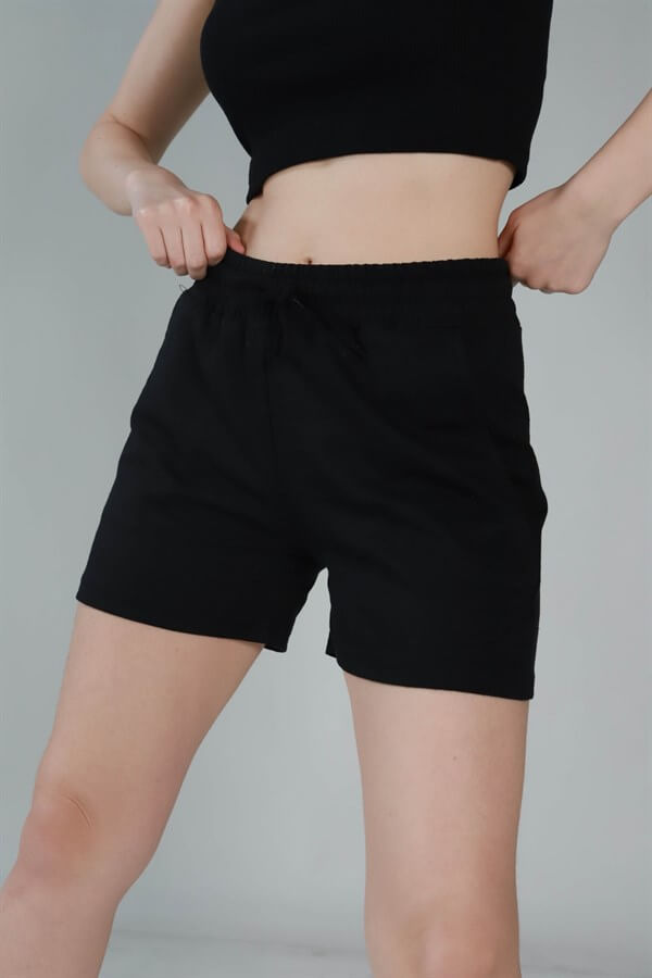 Women's Basic Black Combed Cotton Shorts