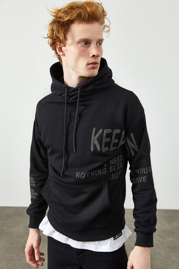 Men's Hooded Printed Black Sweatshirt