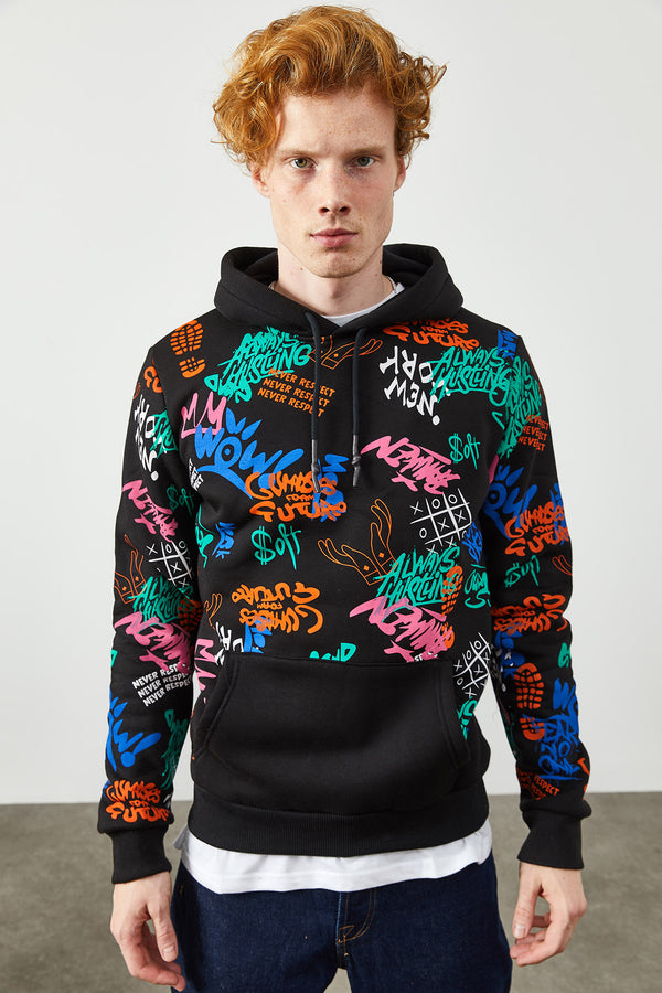 Men's Hooded Printed Black Sweatshirt