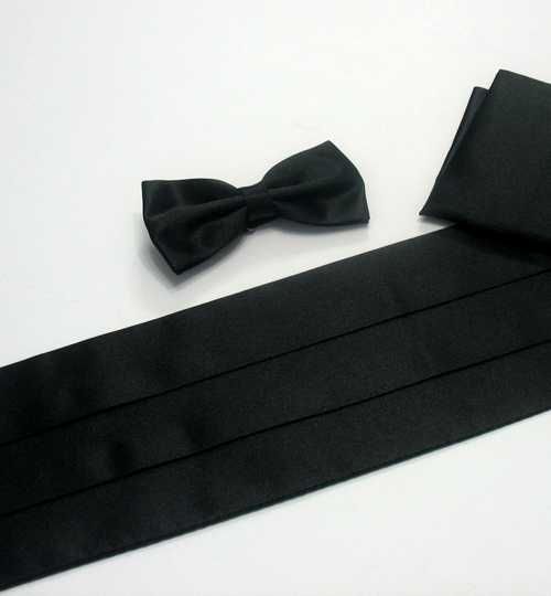 Plain Black Satin Belt Bow Tie Handkerchief Jewelry Set