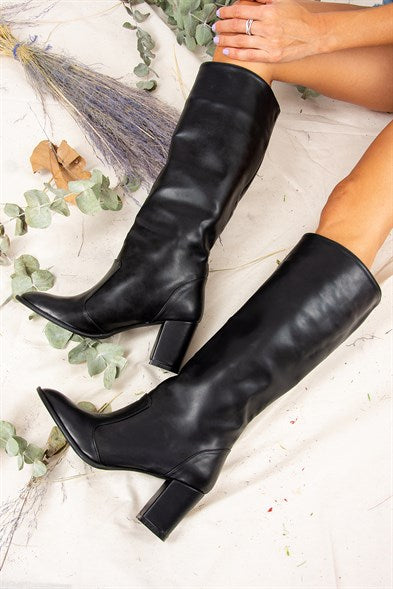 Women's Long Black Heeled Boots