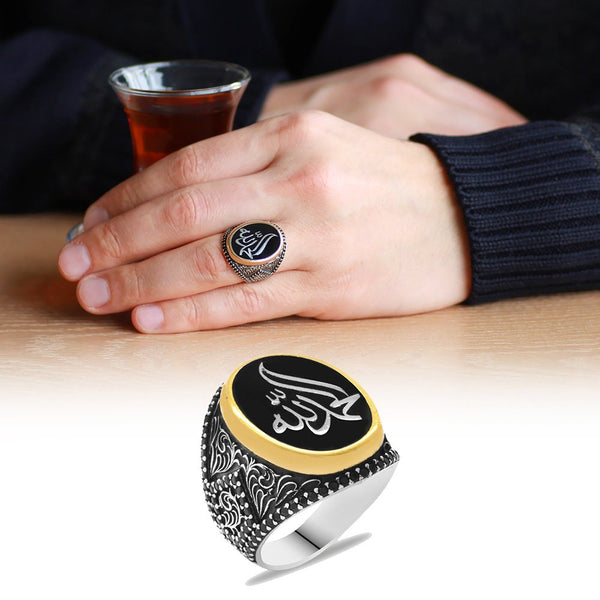 Men's Black Enamel Detail Zircon Gemmed 925 Carat Silver Ring