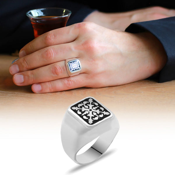 Men's Black Enamel Detail 925 Carat Silver Ring