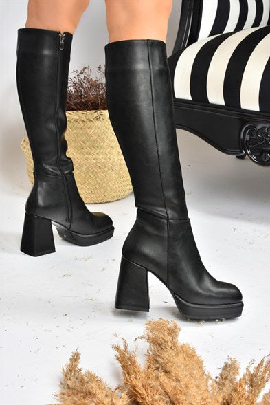 Women's Long Black Platform Heeled Boots