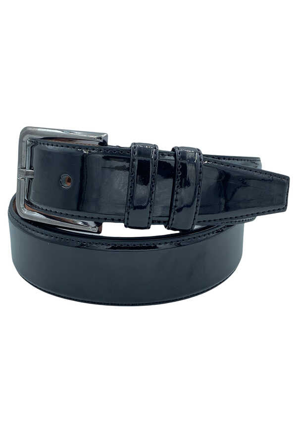 Men's Stitched Black Artificial Patent Leather Classic Belt