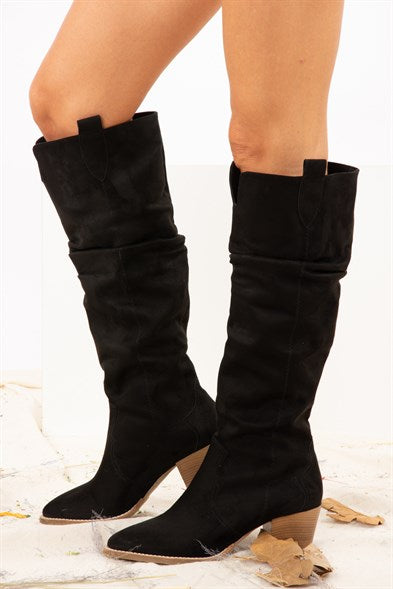 Women's Long Black Suede Heeled Boots