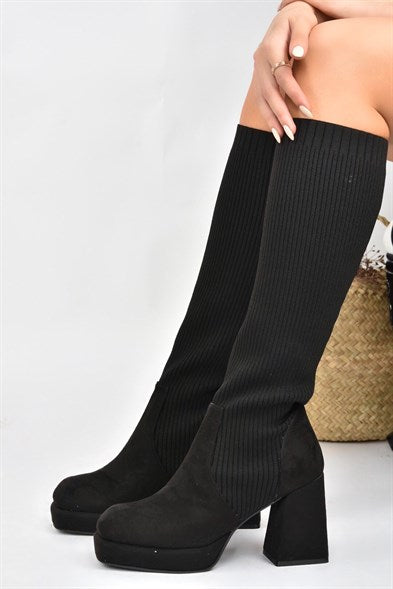 Women's Long Black Suede Tricot Heeled Boots
