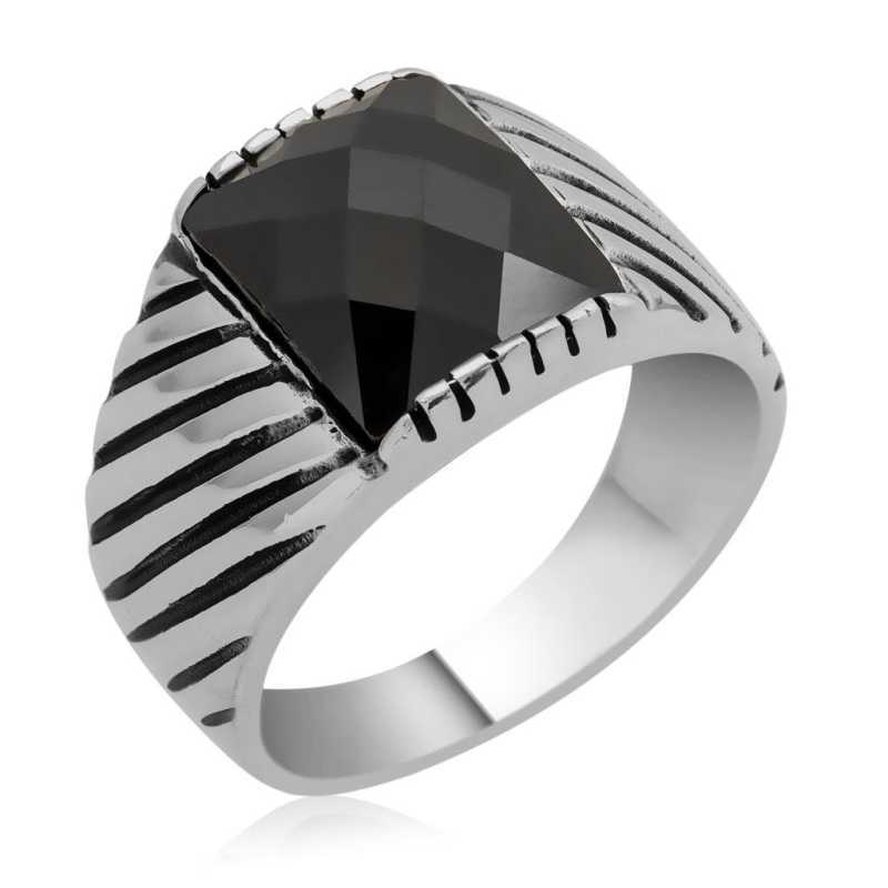 Men's Black Zircon Gemstone Silver Ring