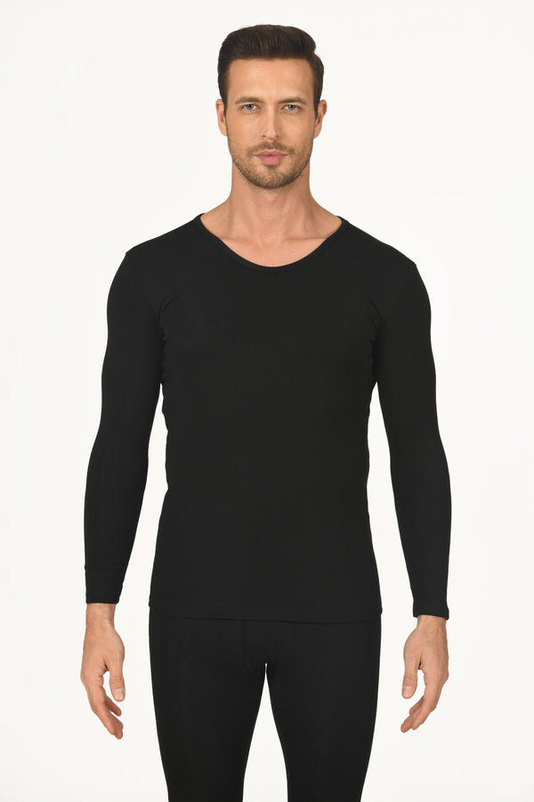 Men's V Neck Black Thermal Underwear Top
