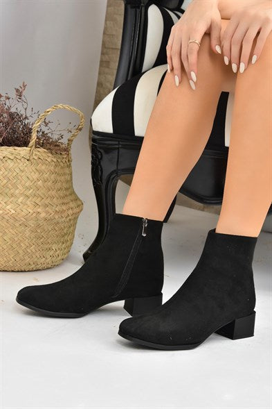 Women's Black Suede Low Heeled Boots