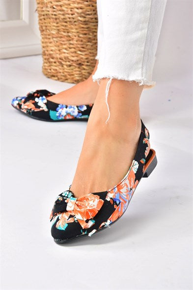 Women's Patterned Black Flat Shoes