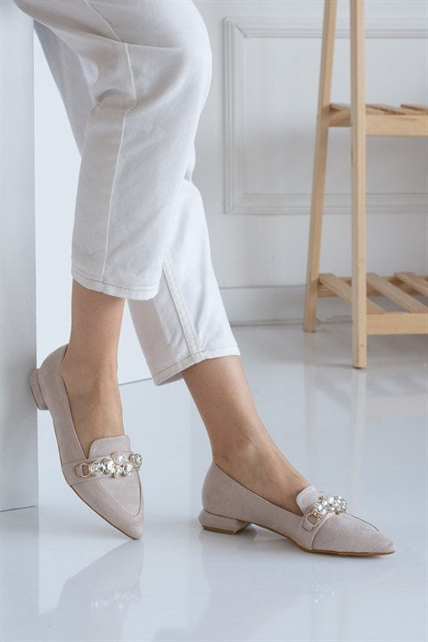 Women's Gemmed Beige Flat Shoes