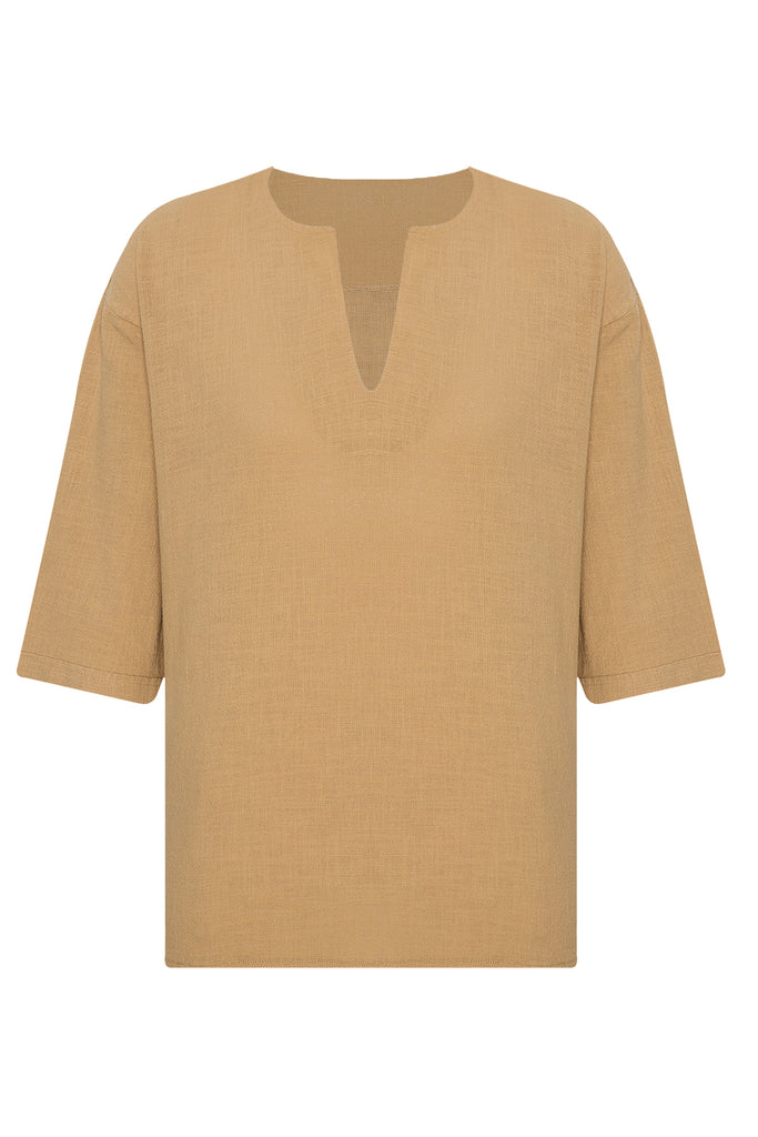 Men's Oversize V Neck Ginger Linen Shirt