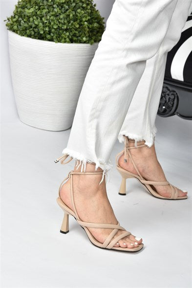 Women's Ankle Tie Tan Heeled Shoes