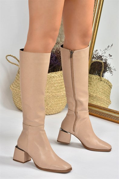 Women's Long Tan Heeled Boots
