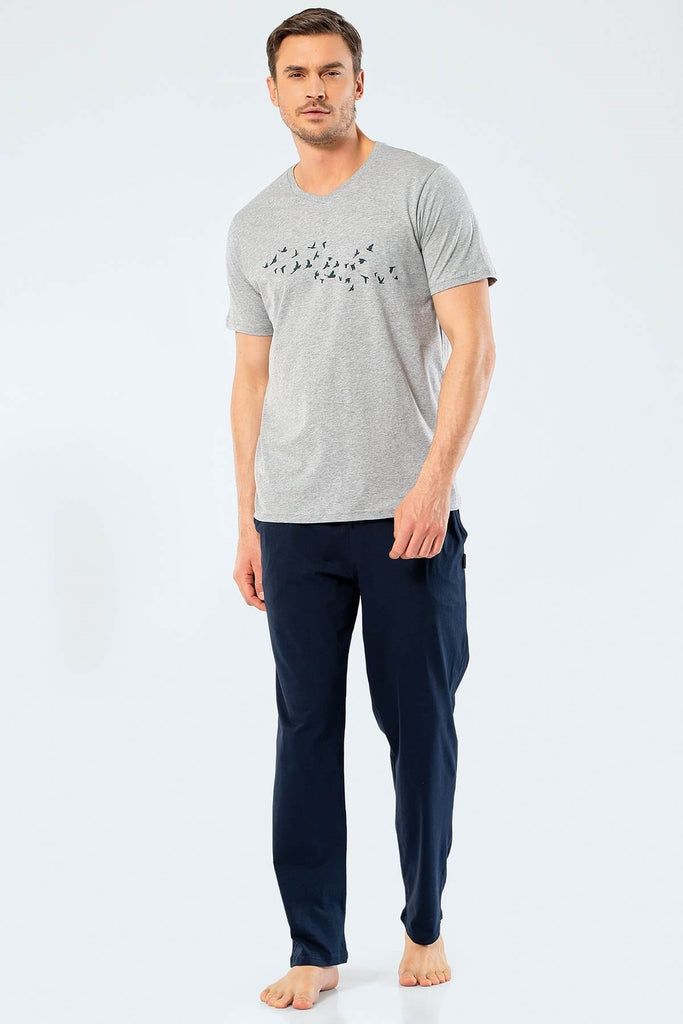 Men's Printed Grey Melange Pajama Set