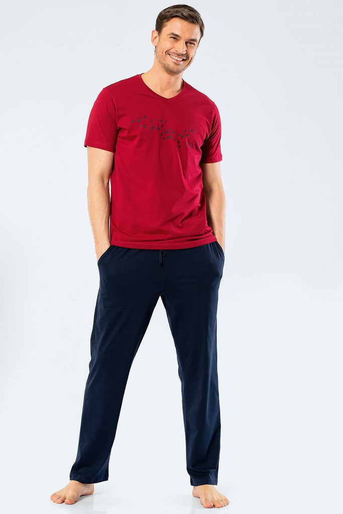 Men's Printed Claret Red Pajama Set