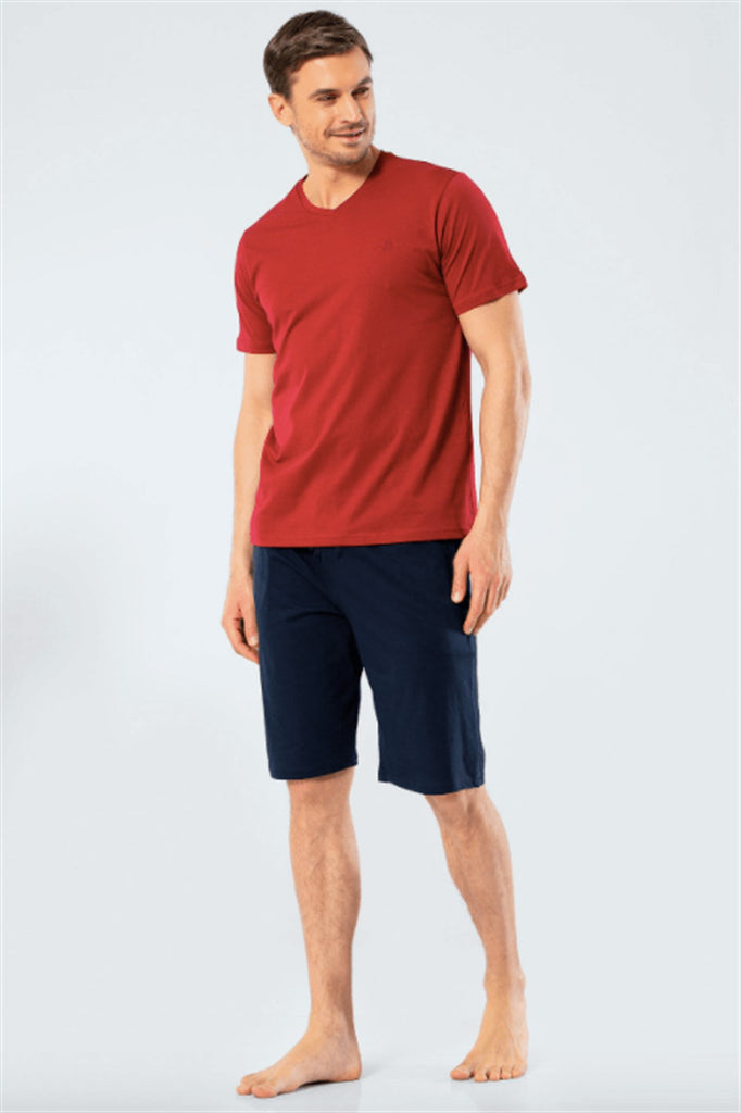 Men's Embroidered Claret Red Shorts Pajama Set