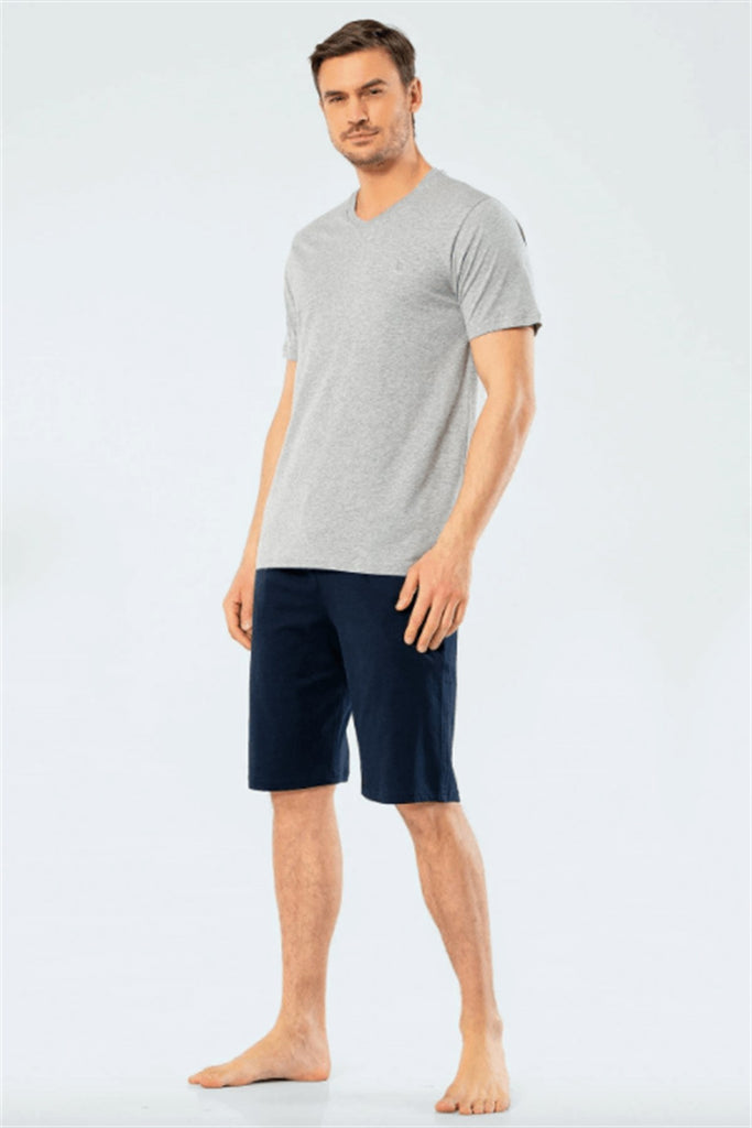 Men's Embroidered Grey Melange Shorts Pajama Set