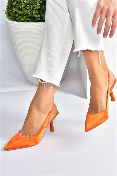 Women's Orange Satin Heeled Shoes