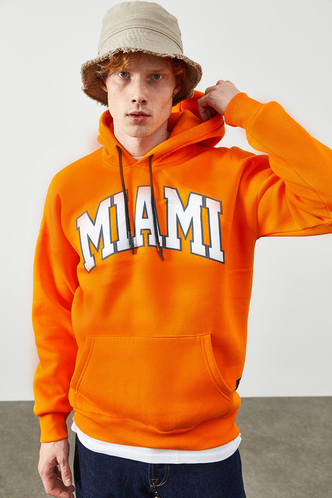 Men's Hooded Text Print Orange Sweatshirt