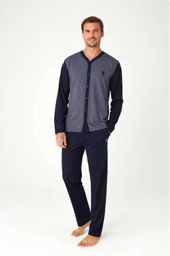 Men's Button Navy Blue Pajama Set