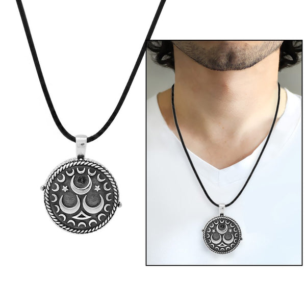 Men's 3 Crescents Figure 925 Carat Silver Ayatul Kursi Pendant Necklace