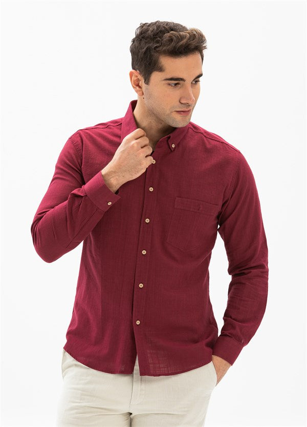 Men's Long Sleeve Dark Claret Red Gauze Slim Fit Shirt