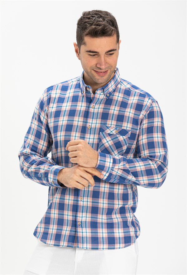 Men's Long Sleeves Saxe Plaid Skinny Fit Shirt