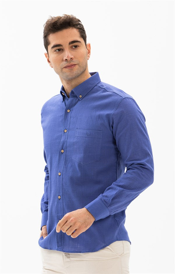 Men's Long Sleeve Saxe Gauze Slim Fit Shirt