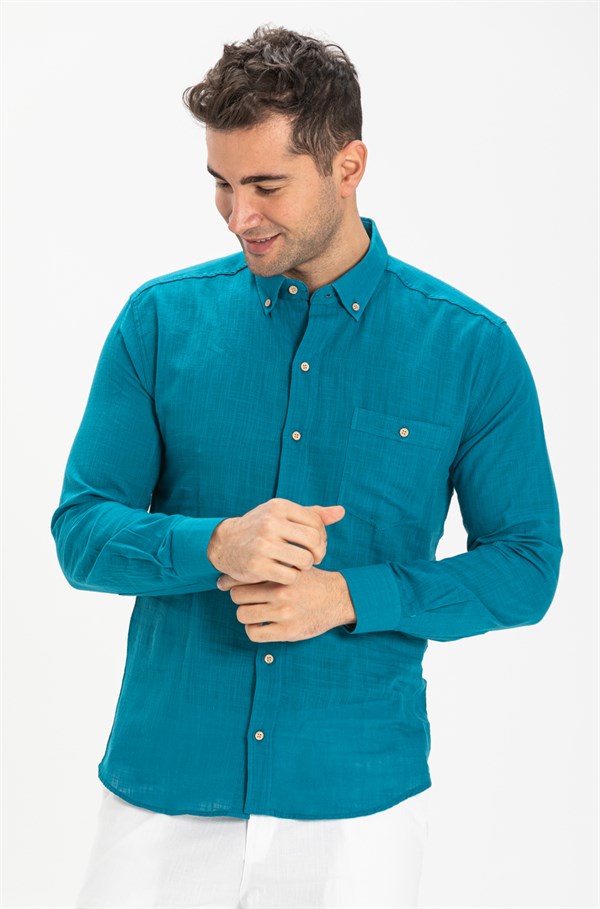 Men's Petrol Green Gauze Slim Fit Shirt