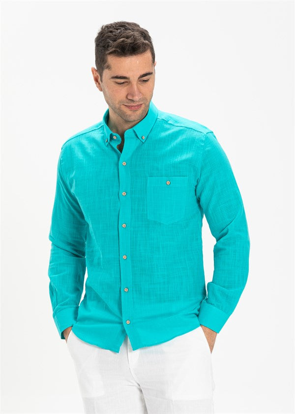 Men's Long Sleeves Turquoise Skinny Fit Shirt