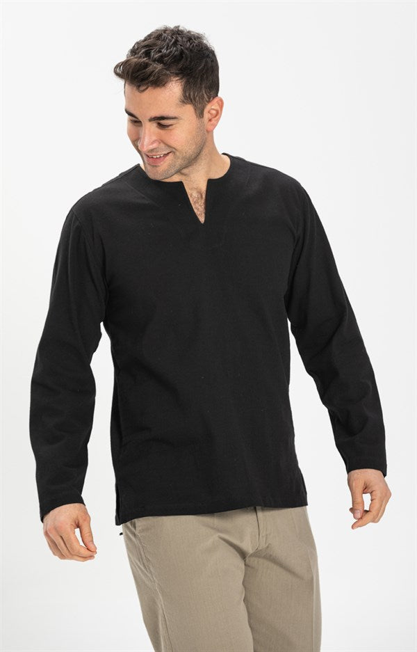 Men's Crew Neck Long Sleeves Black T-shirt