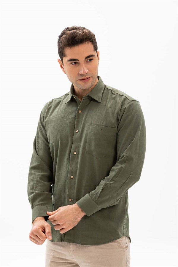 Men's Long Sleeves Khaki Gauze Shirt