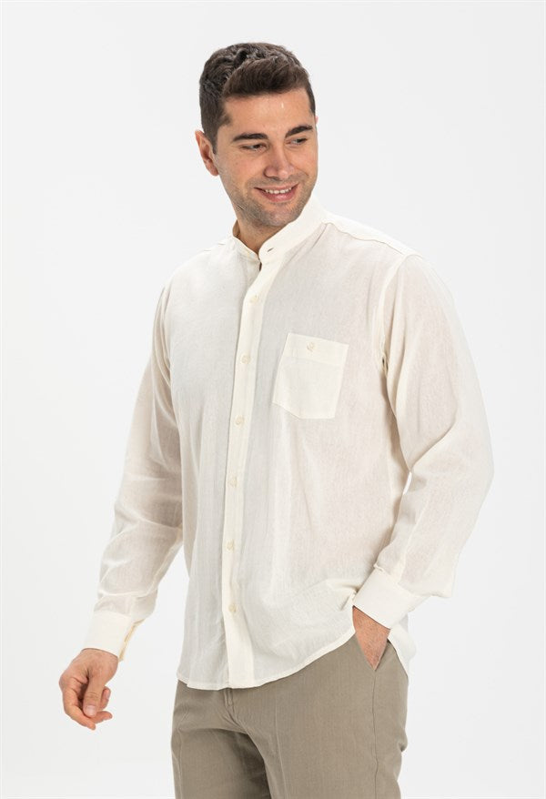 Men's Crew Neck Long Sleeves Cream Shirt
