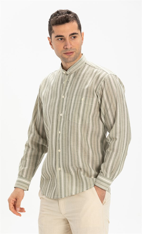 Men's Crew Neck Long Sleeves Striped Khaki Shirt
