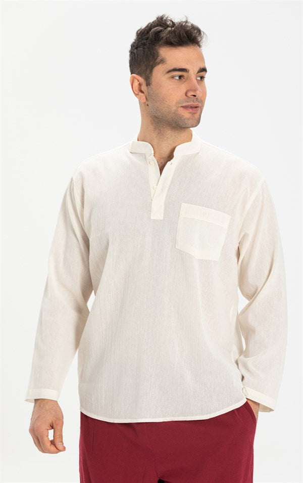 Men's Crew Neck Long Sleeves Cream T-shirt