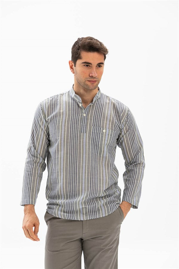 Men's Crew Neck Long Sleeve Striped Gauze T-shirt