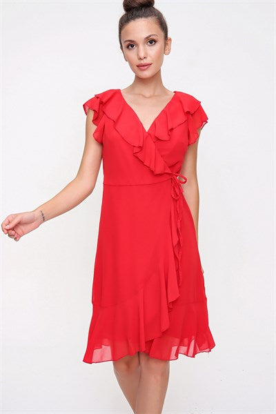 Women's Ruffle Red Chiffon Dress