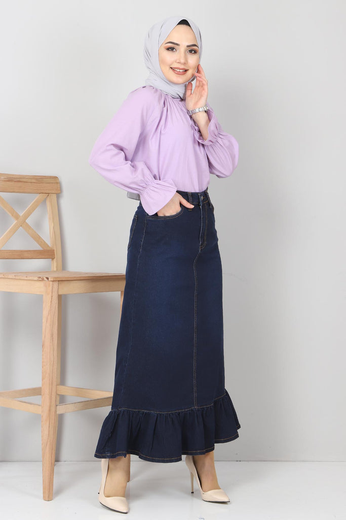 Women's Ruffle Hem Dark Blue Denim Skirt