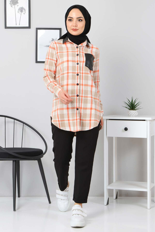Women's Leather Detail Plaid Beige Shirt