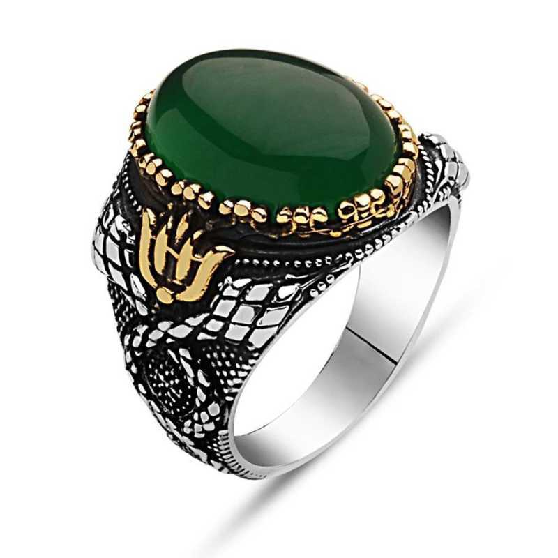 Men's Green Agate Stone Silver Ring