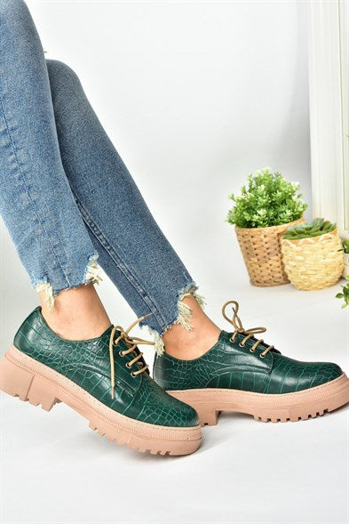 Women's Crocodile Print Green Oxford Shoes