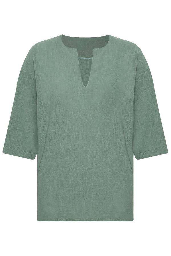 Men's Oversize V Neck Green Linen Shirt
