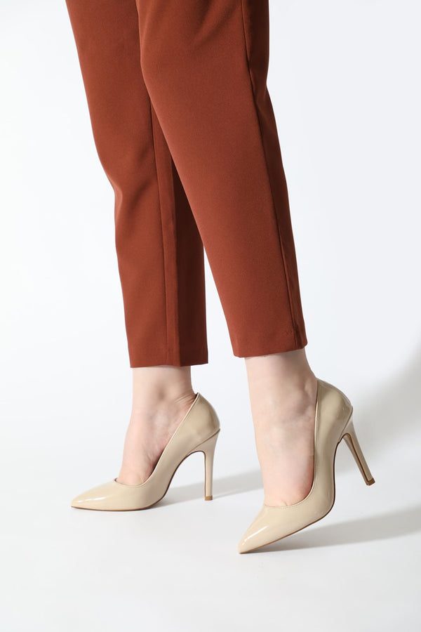 Women's Beige Patent Leather Heeled Shoes