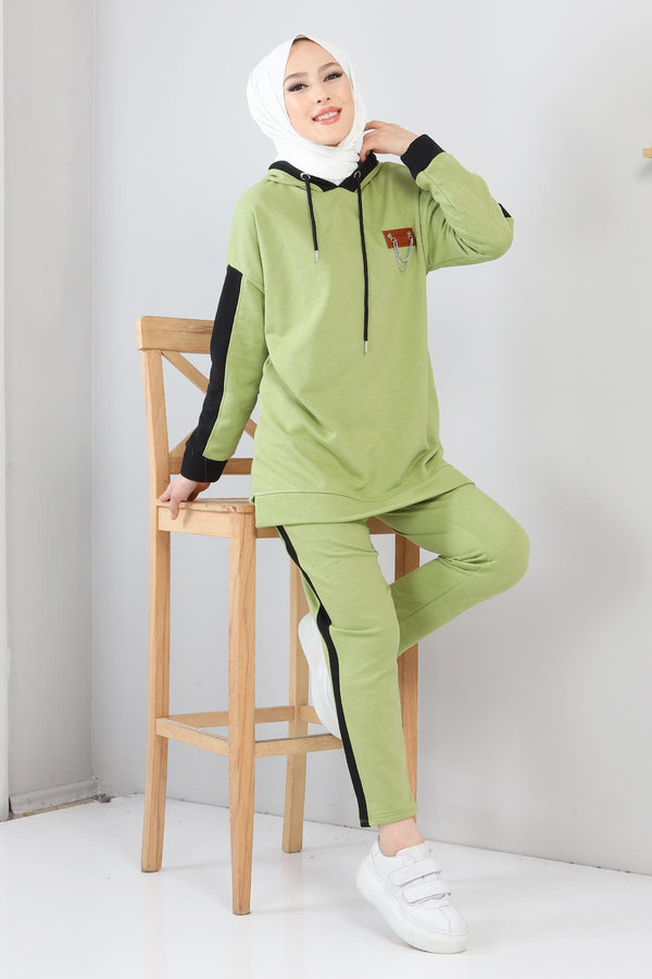 Women's Chain Detail Green Tunic & Pants Set