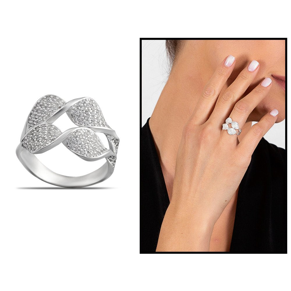 Women's Zircon Gemmed Leaf Design 925 Carat Silver Ring
